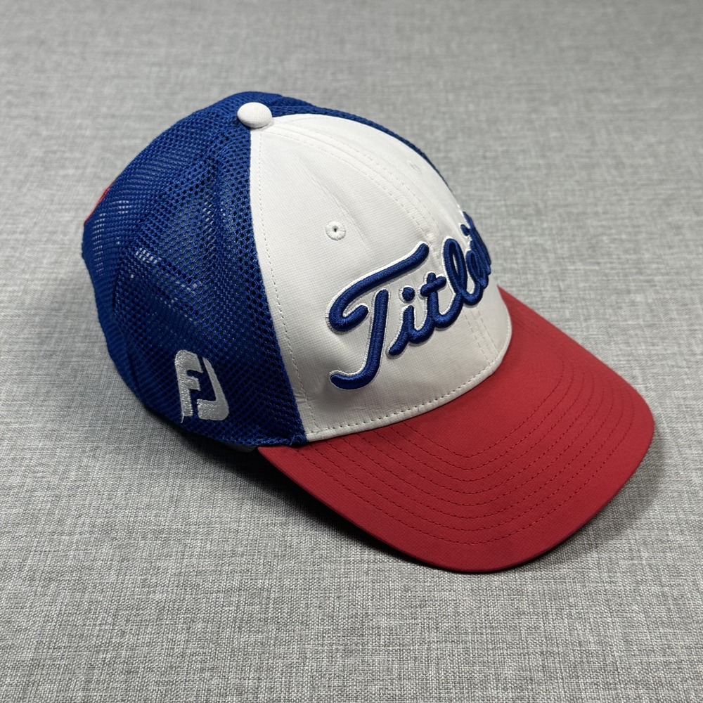 Titleist Hat Cap Trucker Snap Back One Size Red White Blue Mesh Adjustable Mens